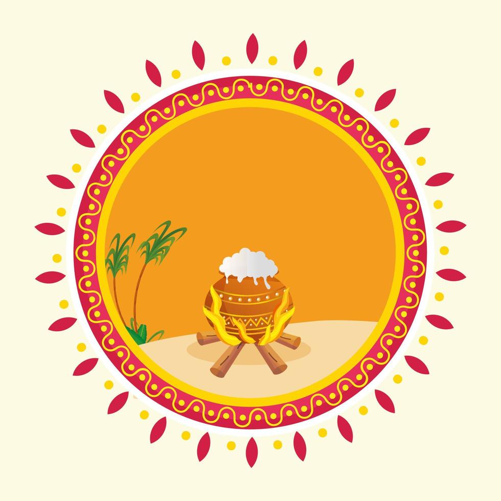 Traditional Dish Cooking In Mud Pot With Bonfire, Sugarcane On Yellow Mandala Pattern Background. vector