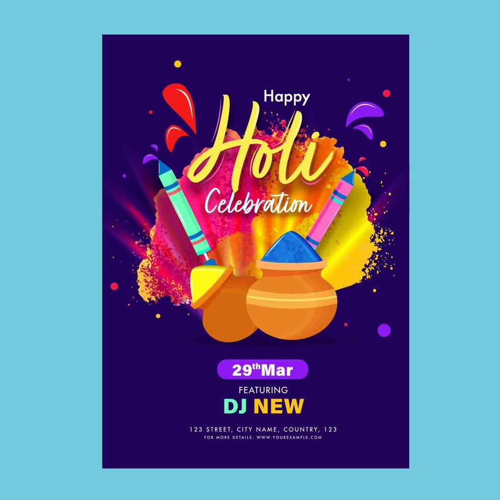 Happy Holi Celebration Flyer Or Template Design With Event Details. vector