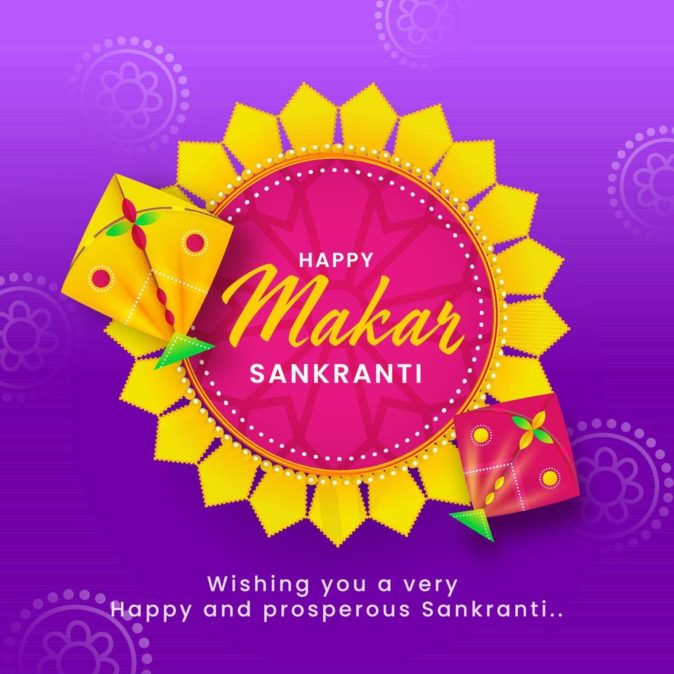 Happy Makar Sankranti Text On Mandala Frame With Kites Illustration For Celebration Concept. vector