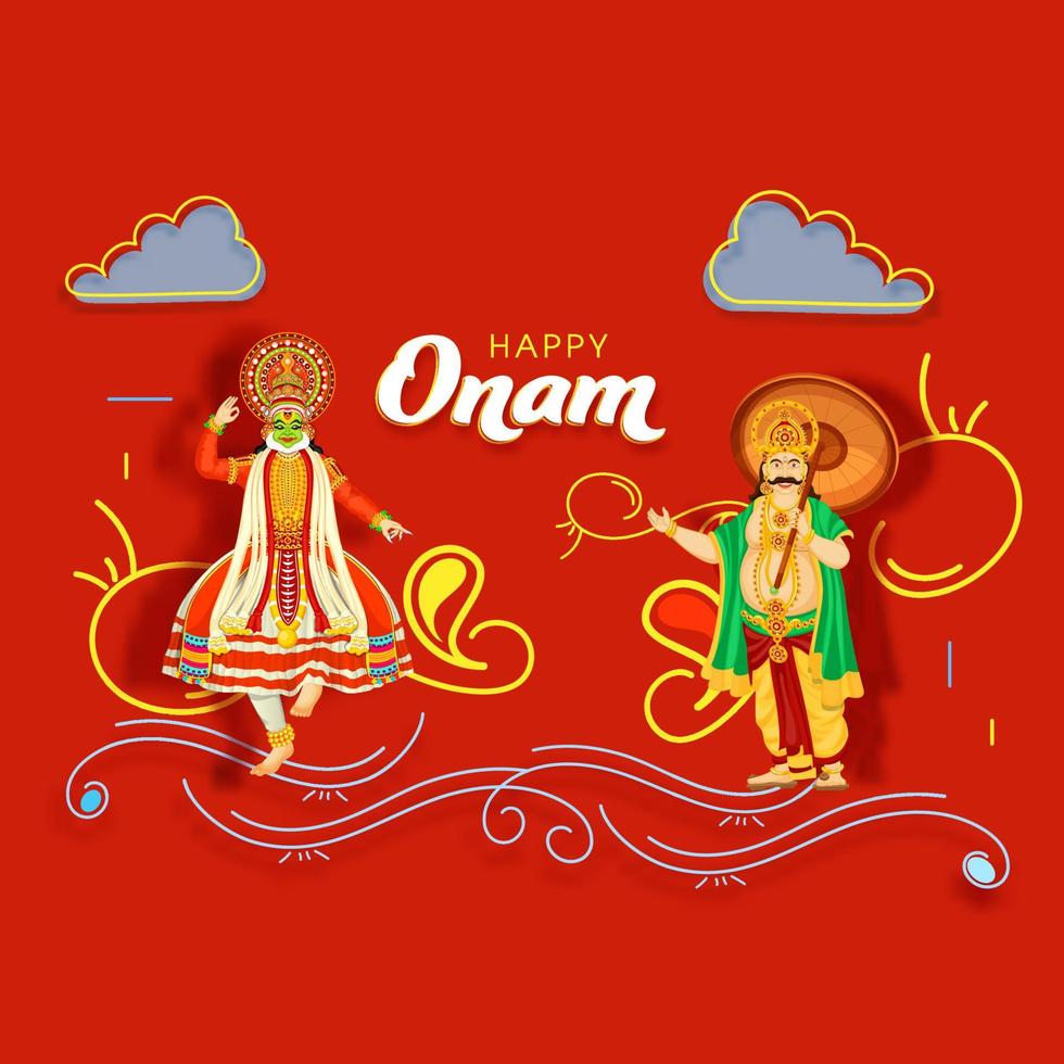 alegre Rey Mahabali con Kathakali bailarín personaje y línea Arte olas en rojo antecedentes para contento onam festival. vector