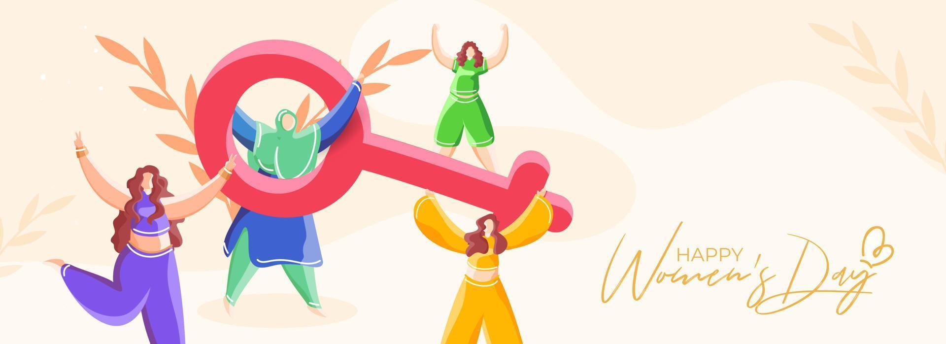 Happy Women's Day Header or Banner Design with Different Religion Female Group Enjoying and Venus Sign on Pastel Peach Background. vector