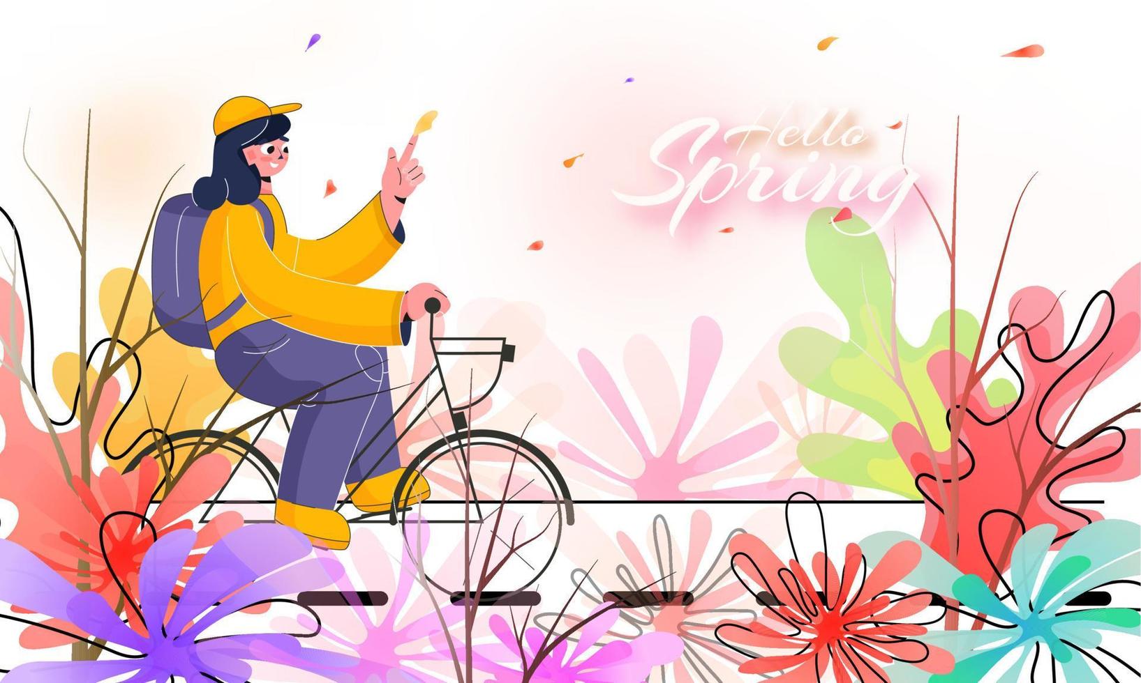 Young Girl Riding a Bicycle with a Backpack on Colorful Flowers Background for Hello Spring. vector