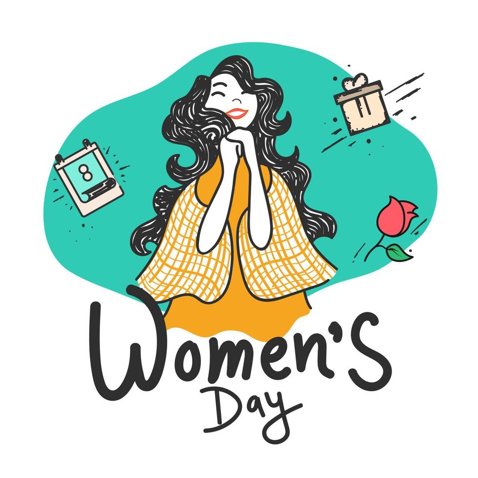 Women's Day Poster Design with Happiness Young Girl, Rose Flower, Calendar and Gift Box on Abstract Background. vector