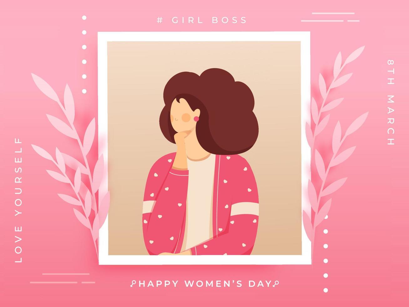 Cartoon Woman Portrait or Picture Frame with Leaves on Pink Background for Happy Women's Day. vector