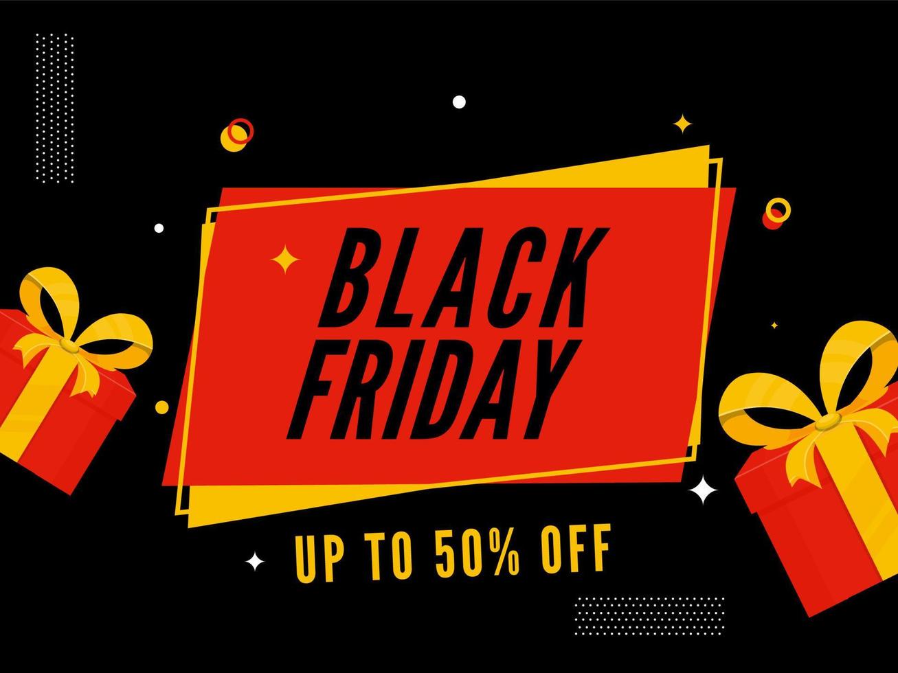 Black Friday Sale Poster Design with 50 Discount Offer and Gift Boxes on Dark Background. vector