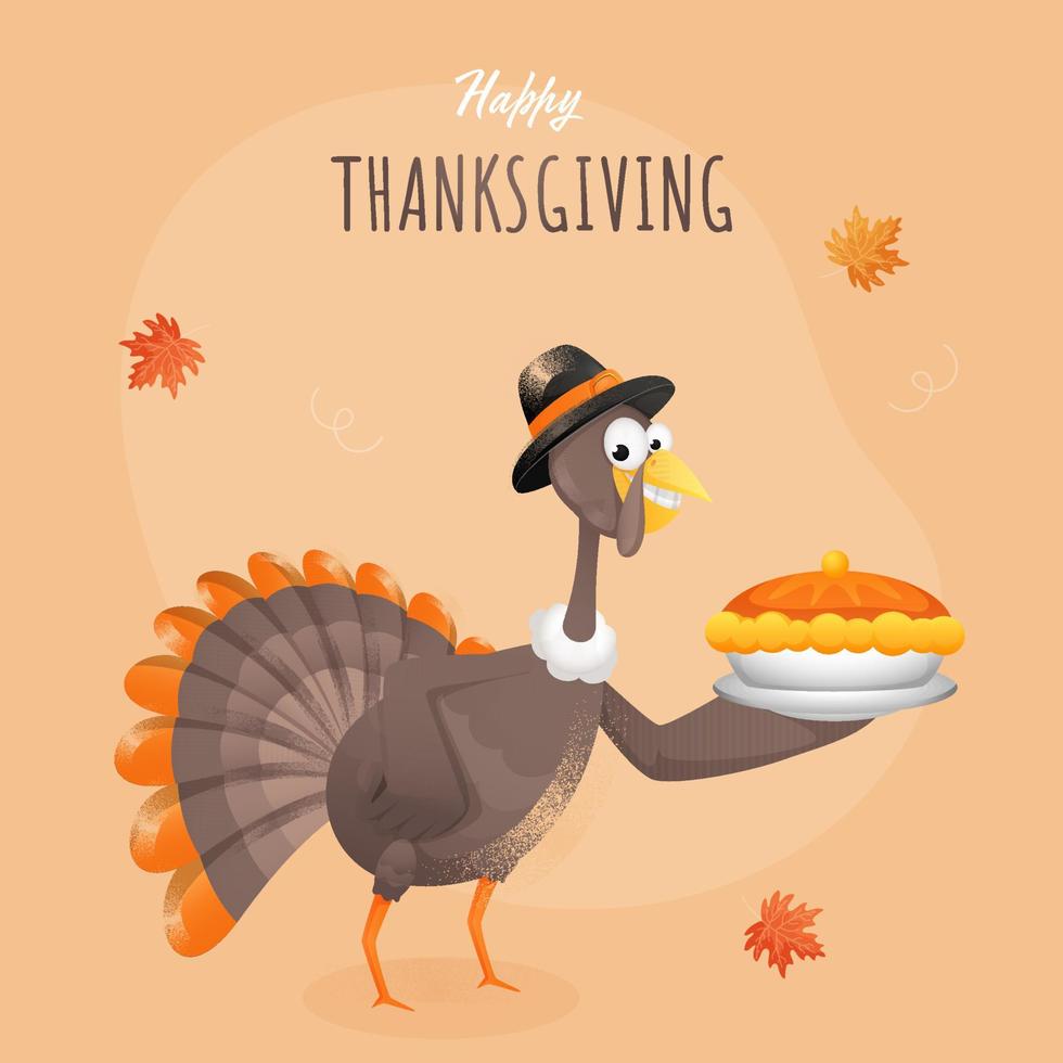 Cartoon Turkey Bird Presenting Pie Cake Plate on Light Orange Background for Happy Thanksgiving Celebration Concept. vector