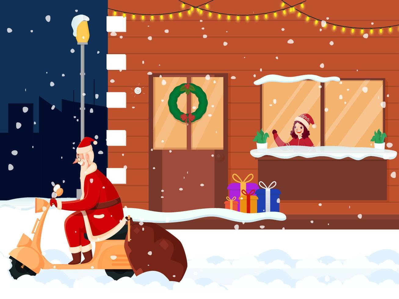 Cute Girl Look At Santa Riding On Scooter From Window With Snow Falling Background. vector