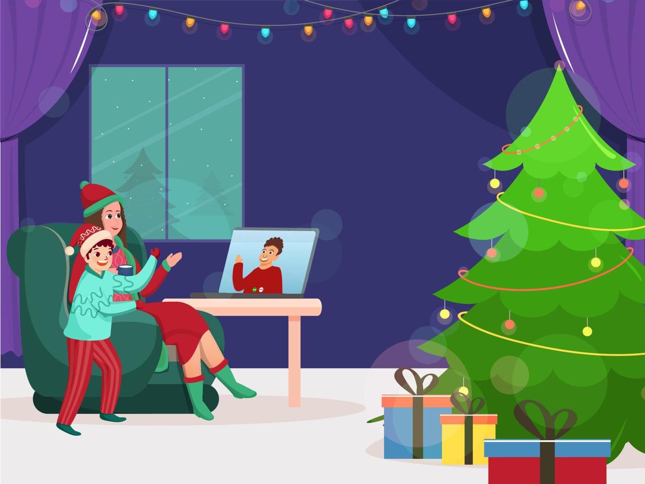 People Talking To Each Other On Video Call With Xmas Tree, Gift Boxes And Lighting Garland Decorated Living Room. vector