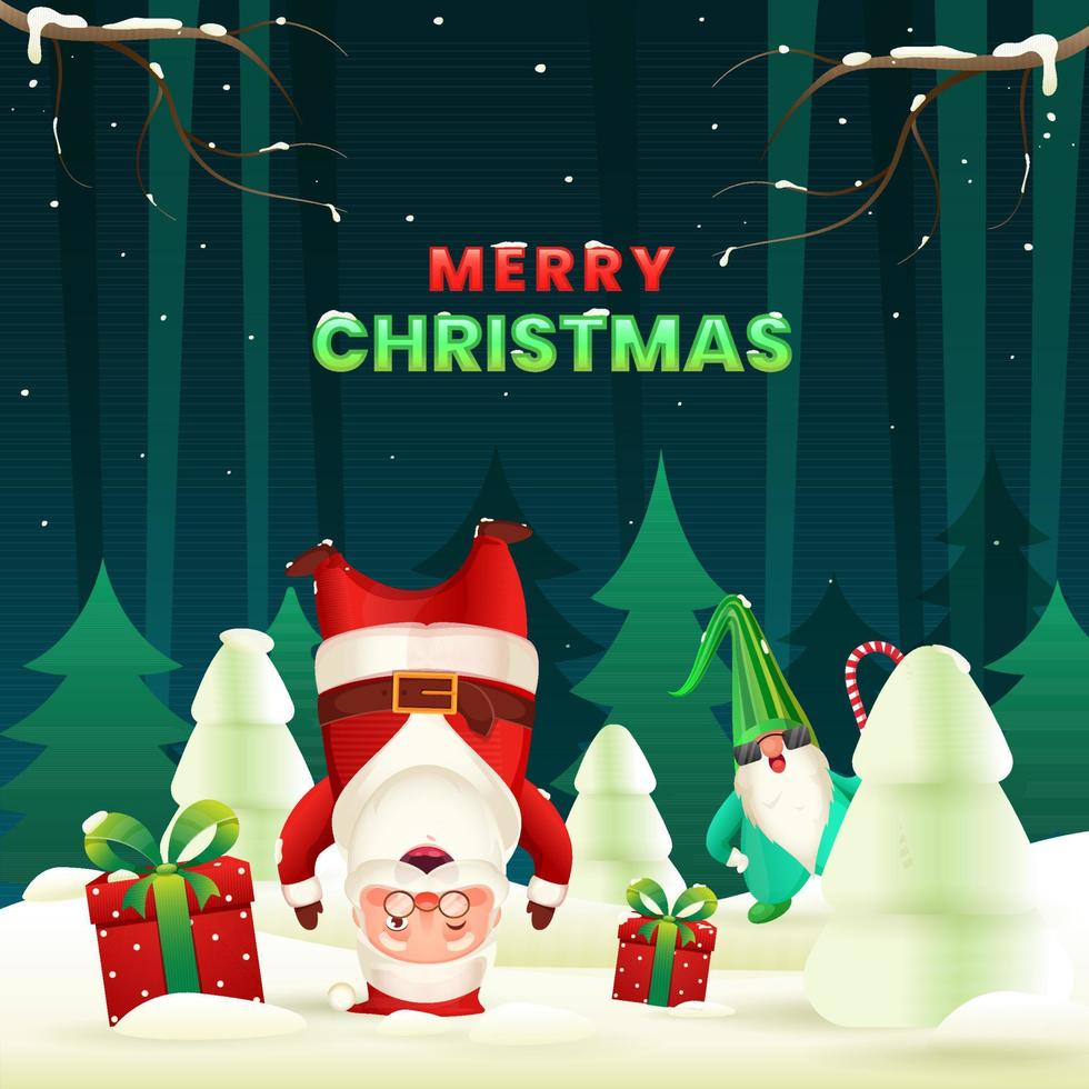 dibujos animados Papa Noel claus en pie al revés abajo con su cabeza, gnomo personaje, regalo cajas y Nevado Navidad árbol en verde antecedentes para alegre Navidad celebracion. vector