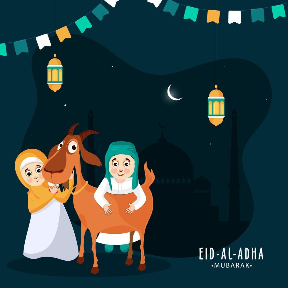Muslim Kids holding a Cartoon Goat with Hanging Lanterns and Night Scene on Silhouette Mosque Dark Turquoise Background for Eid-Al-Adha Mubarak. vector