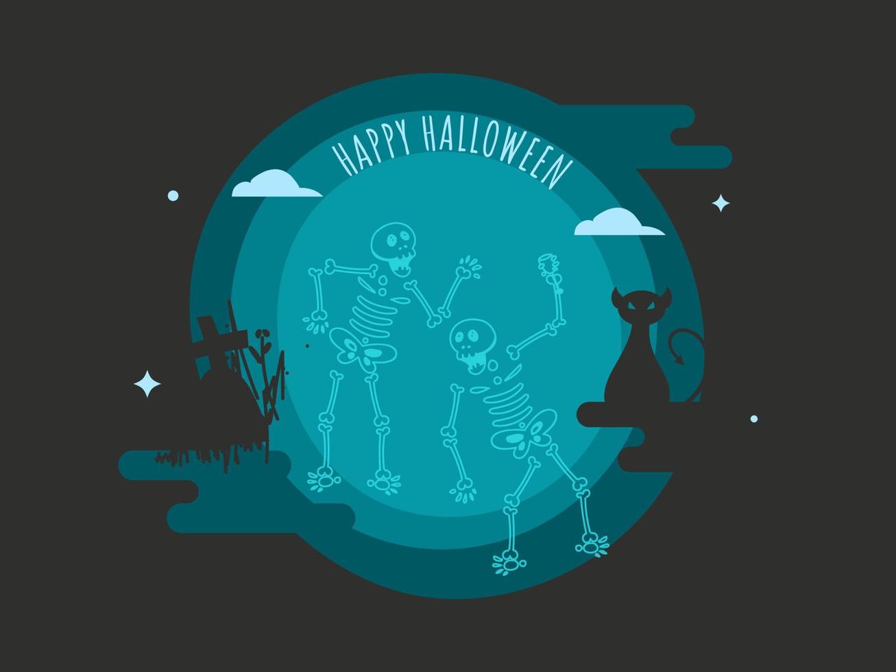 Happy Halloween Poster Design with Skeletons Dancing, Cat and Tombstone on Teal and Dark Grey Background. vector