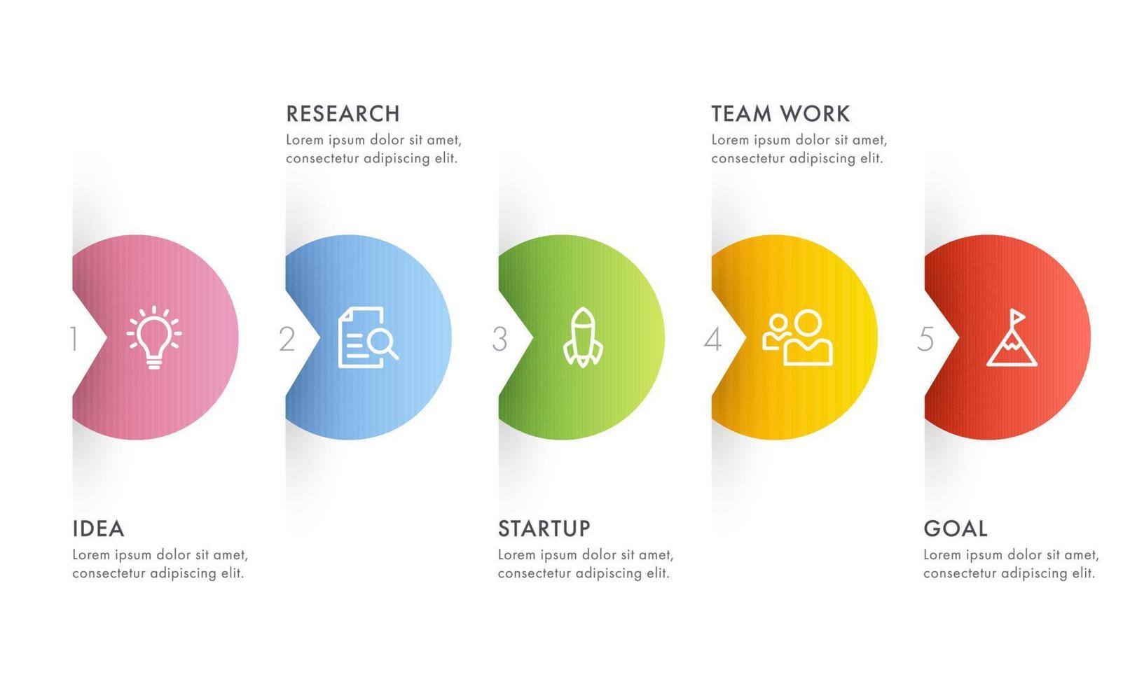 Five Steps Web Icons Like As Idea, Research, Startup, Teamwork, Goal on White Background for Business Infographics. vector