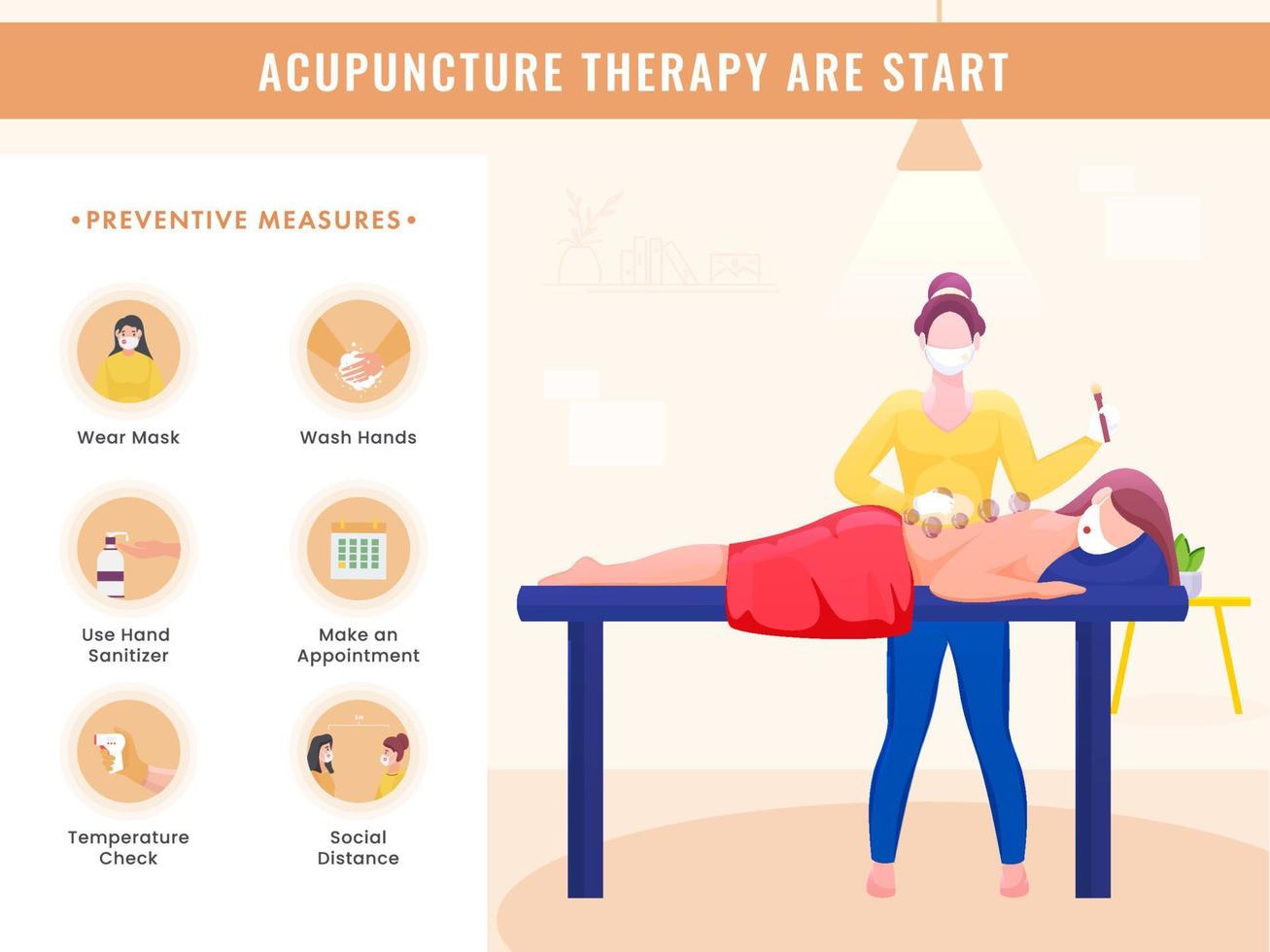 Acupuncture Therapy Are Start Poster Design With Preventive Measures Details And Woman Receiving Cupping Treatment on Back During Coronavirus Pandemic. vector