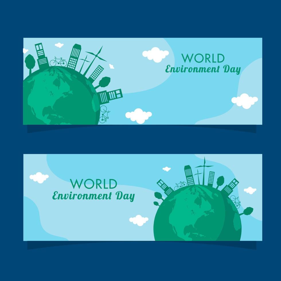 mundo ambiente día fuente con tierra globo y verde ciudad en azul antecedentes en dos opción. vector