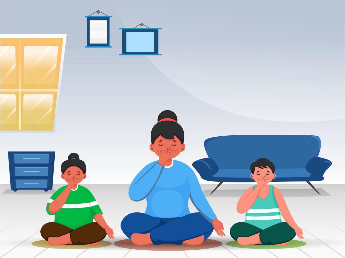 Young Woman with Children Doing Alternate Nostril Breath Yoga at Home. vector