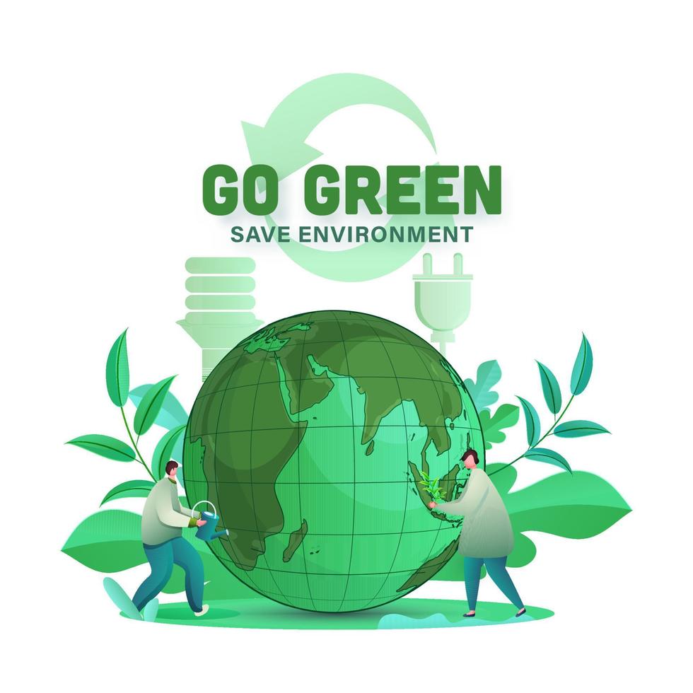 Vamos verde salvar ambiente concepto con dibujos animados hombres jardinería y tierra globo en blanco reciclar flecha antecedentes. vector