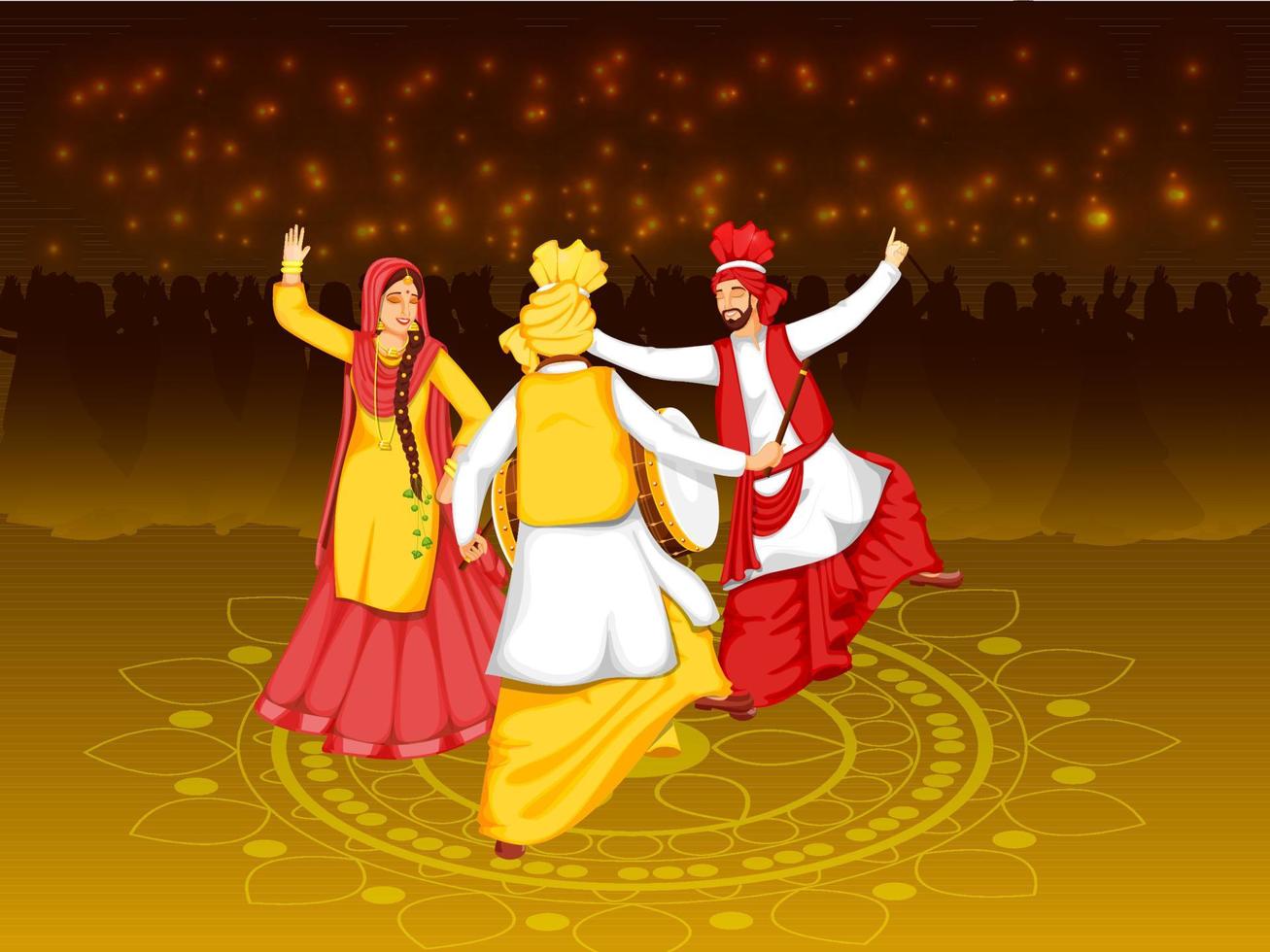 Illustration Of Punjabi People Doing Bhangra Dance With Dhol Instrument On Brown Lights Effect Background. vector