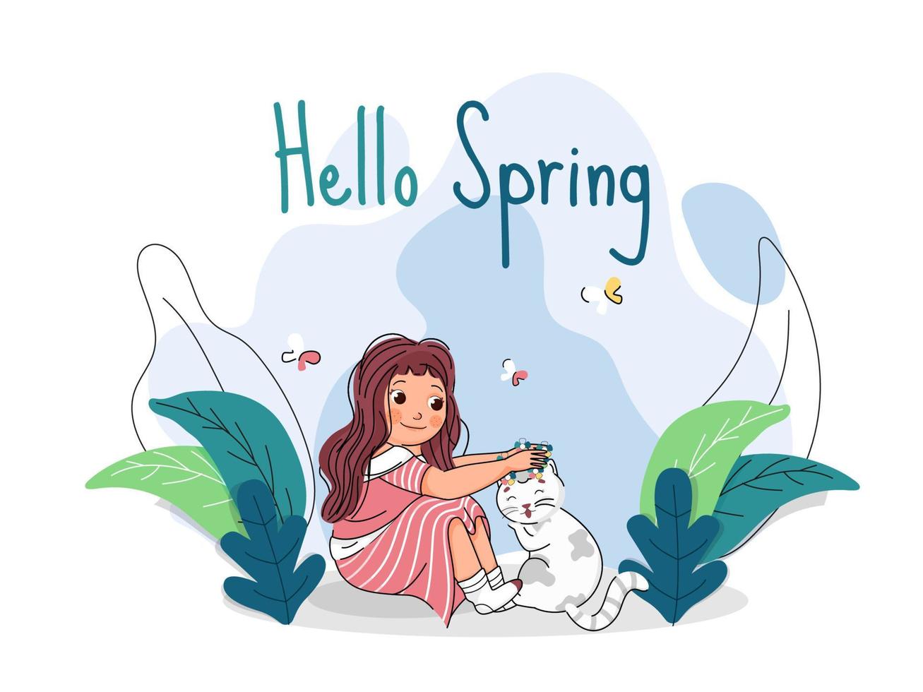 Hello Spring Text with Little Girl holding Flowers and Cat, Butterflies on Green Leaves White Background. vector