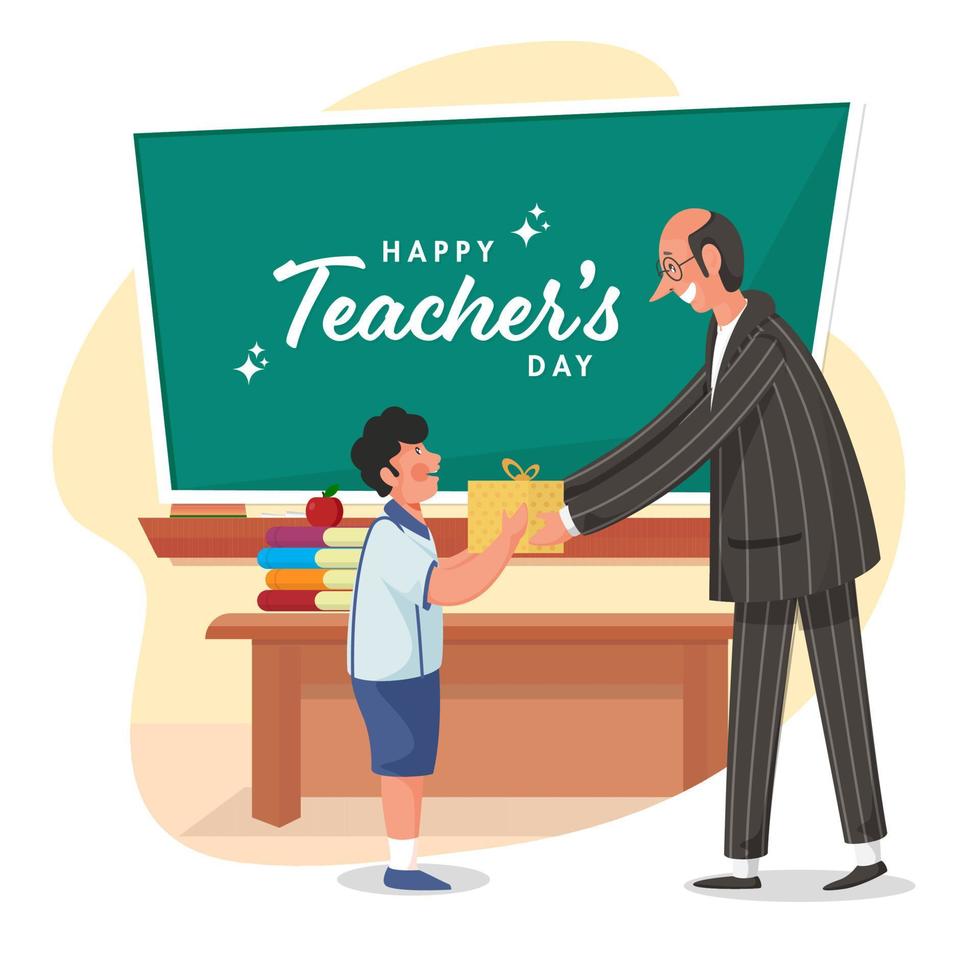 Happy Teacher's Day Text on Green Chalkboard with Student Boy Giving Gift to His Class Teacher. vector