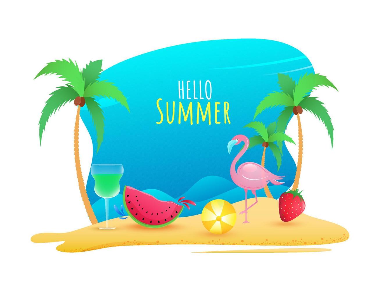 Beautiful Beach Background with Ball, Heron Bird, Fruits, Cocktail and Coconut Trees for Hello Summer Concept. vector