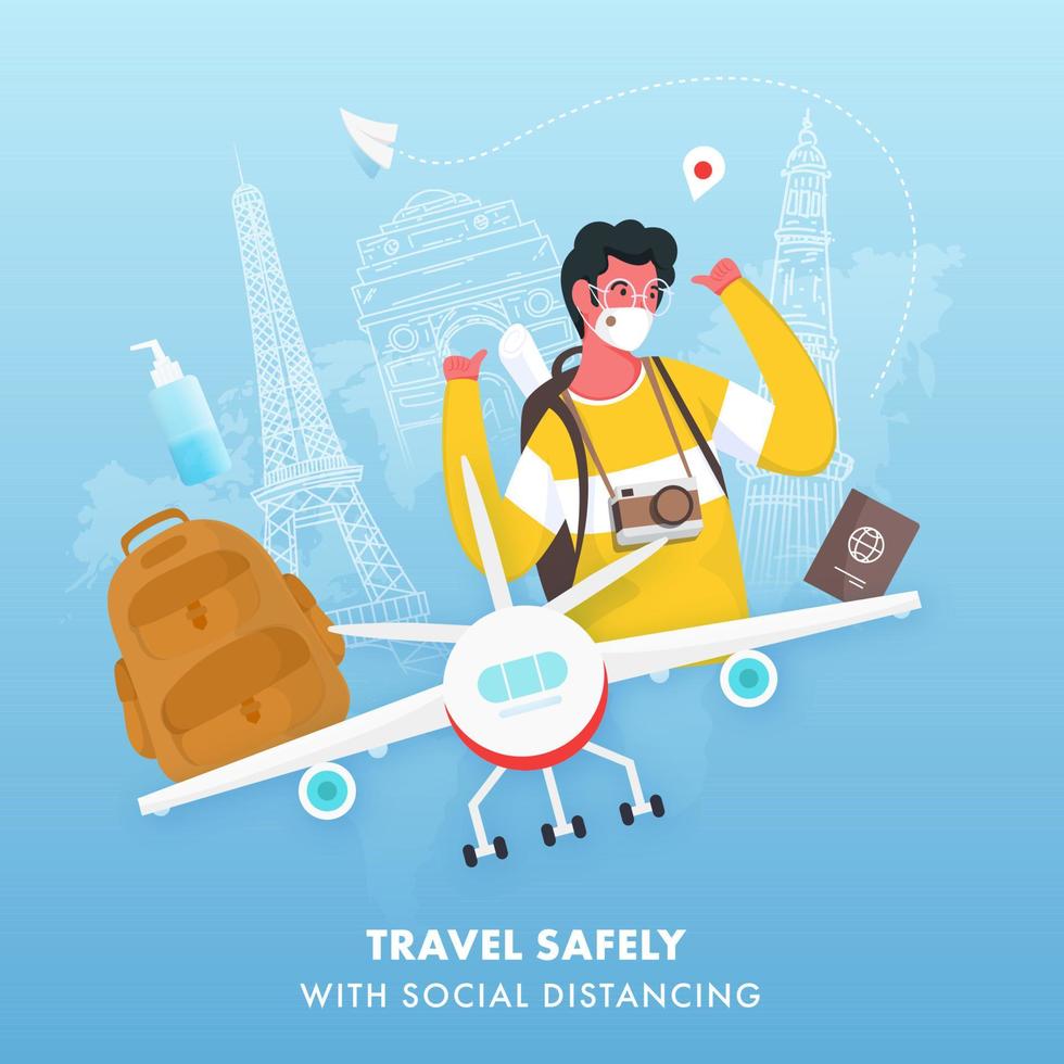 Travel Safely With Social Distancing Concept Based Poster Design, Cheerful Tourist Young Boy Wear Protective Mask and Airplane on Blue Line Art Famous Monuments Background. vector