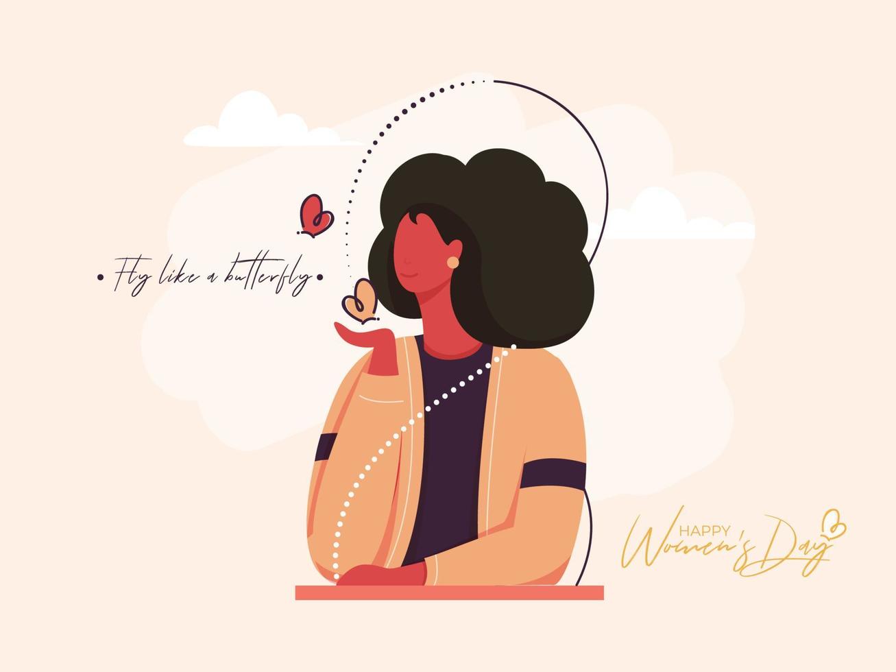 Cartoon Young Girl holding Butterflies and Given Message as Fly Like a Butterfly for Happy Women's Day Concept. vector