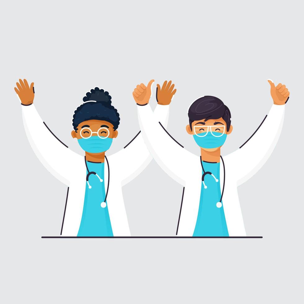 Cheerful Kid Doctors Wearing Protective Mask and Raised Hands on Grey Background. vector