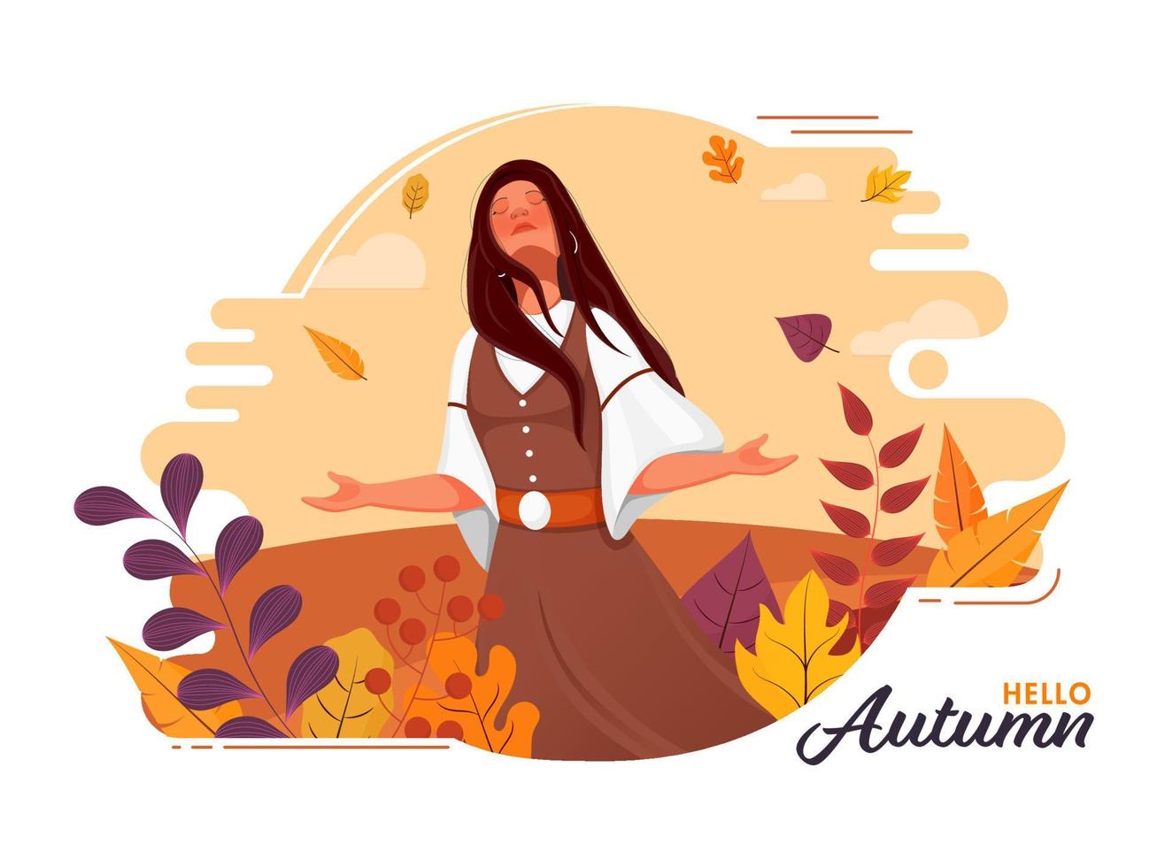Young Girl Enjoying Autumn Season with Colorful Leaves, Berry Branch on Abstract Background. vector