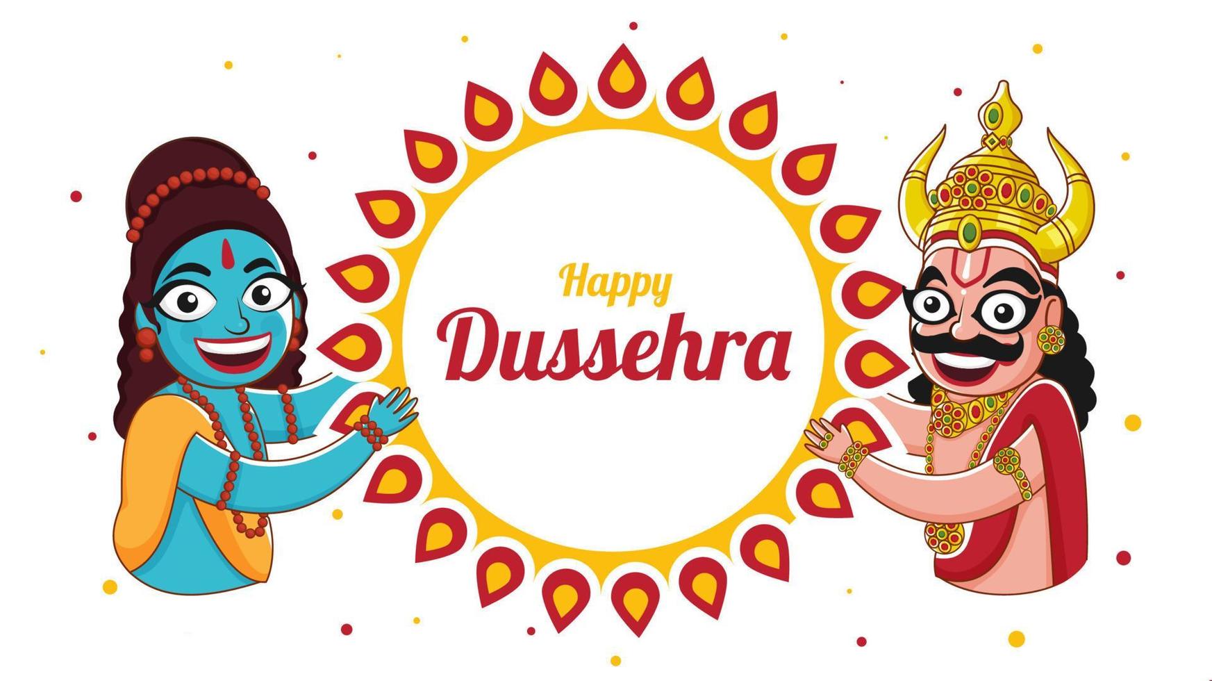 Happy Dussehra Celebration Banner Design with Cheerful God Rama and Demon Ravan Character on Mandala Frame White Background. vector