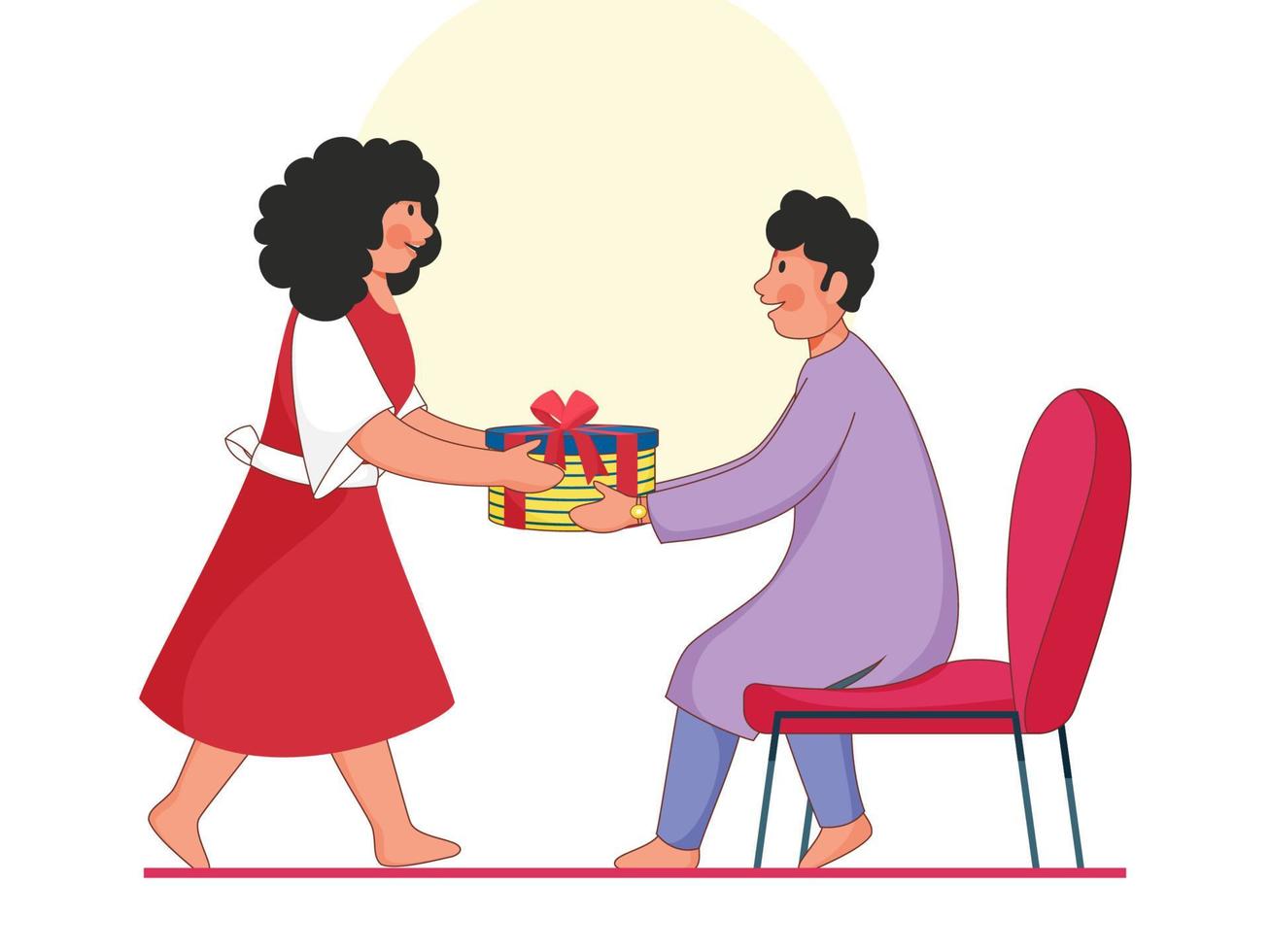 Cartoon Boy And Girl Holding Together A Gift Box On White Background. vector