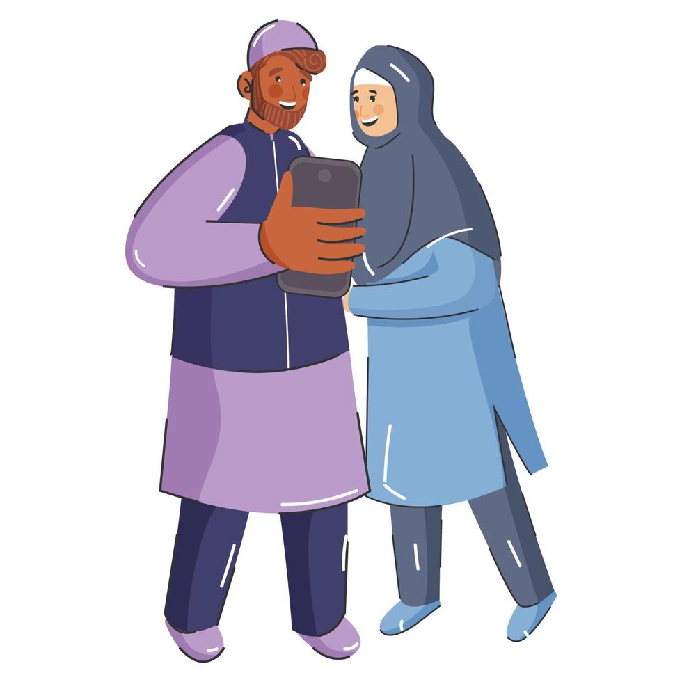 Muslim Man and Woman Taking Selfie Together in Standing Pose. vector