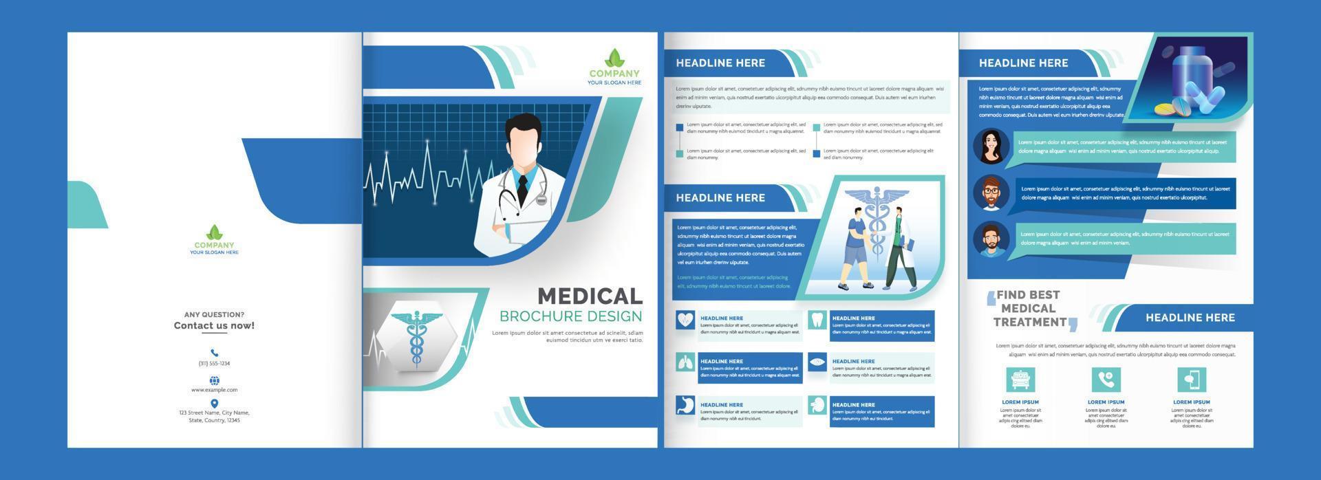 médico doble folleto, modelo diseño con médico y tratamiento detalles. vector
