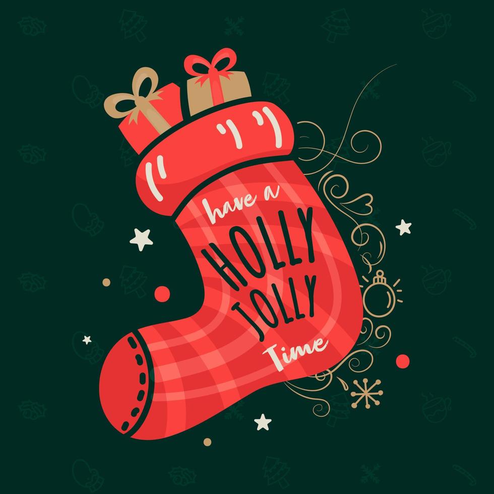 ilustración de Papa Noel calcetín lleno de regalo cajas con tener un acebo alegre hora texto en verde Navidad elementos antecedentes. vector