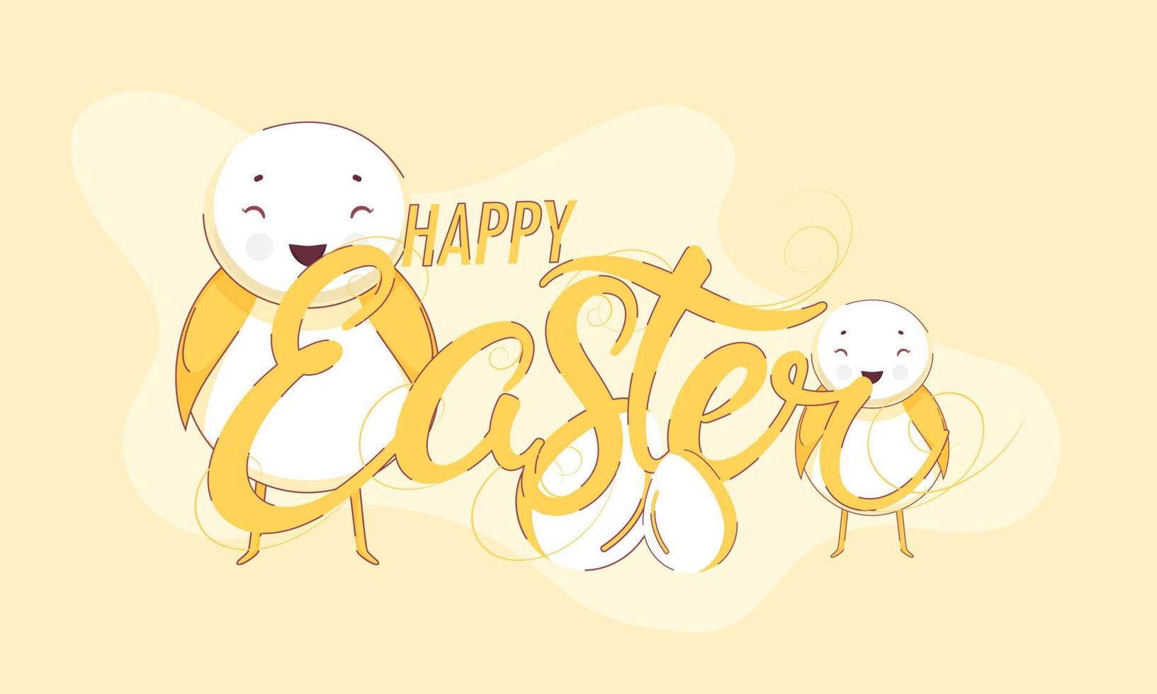 Happy Easter Font with Chick Birds and Egg on Light Yellow Background. vector