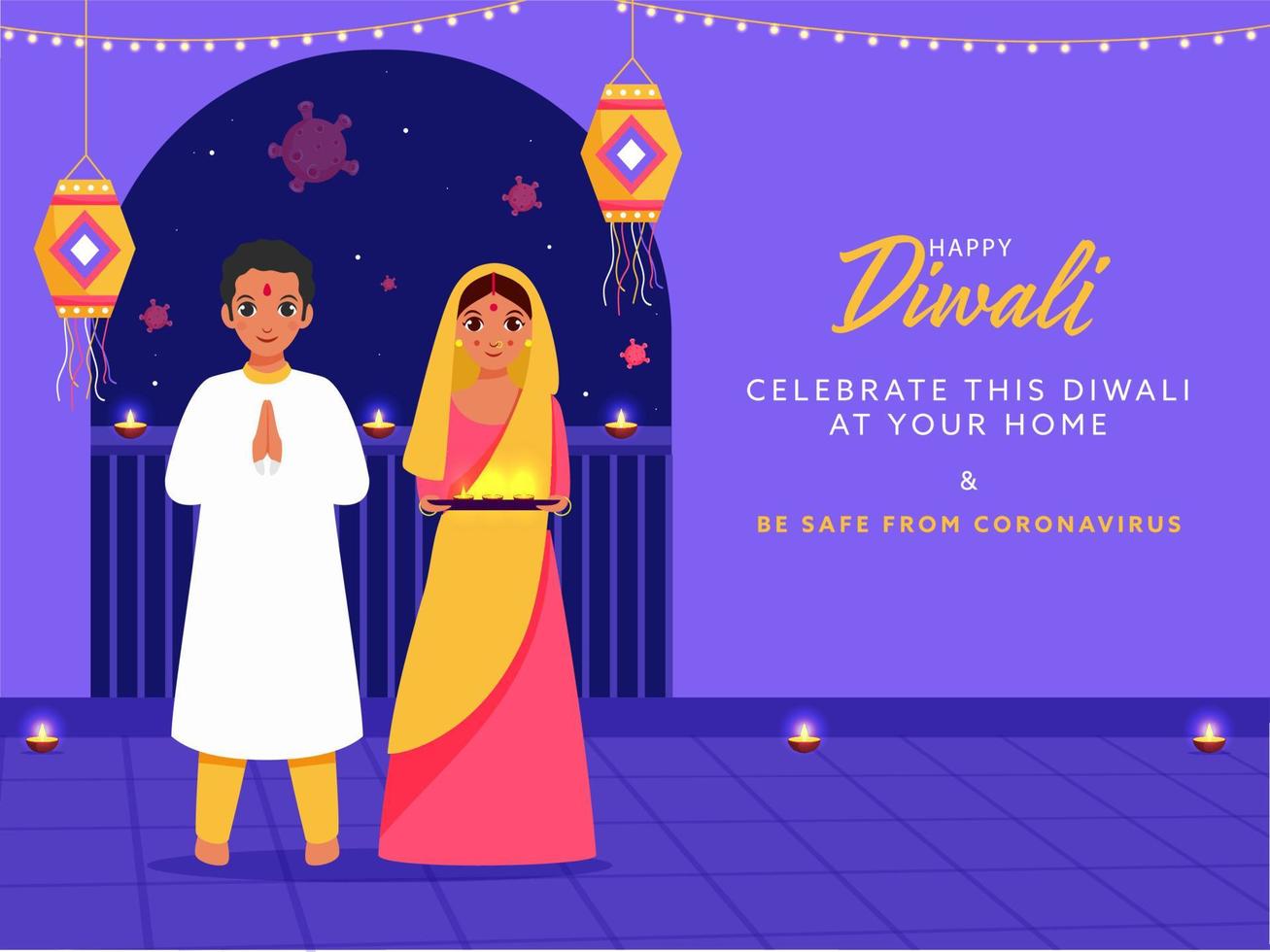 indio familia solicitando a celebrar diwali desde hogar porque de pandemia COVID-19. vector