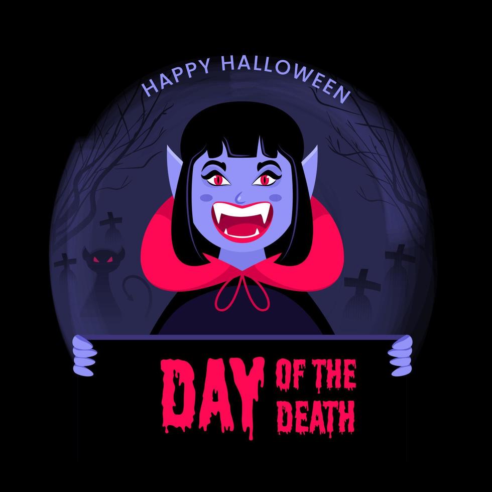 Cheerful Female Vampire or Monster Presenting Day Of The Death Dripping Text on Black Background for Happy Halloween Celebration. vector