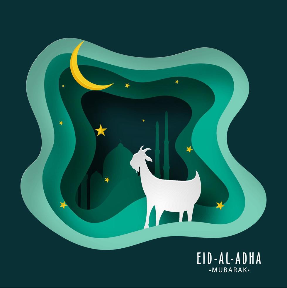 Green Paper Layer Cut Background Decorated with Golden Stars, Crescent Moon, Goat and Mosque for Eid-Al-Adha Mubarak Concept. vector