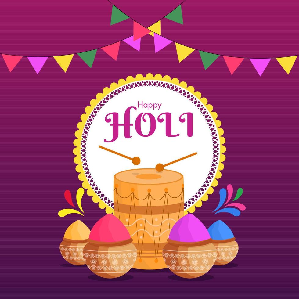 Happy Holi Celebration Poster Design with Mud Pots Full of Dry Color and Drum illustration on Purple Background. vector