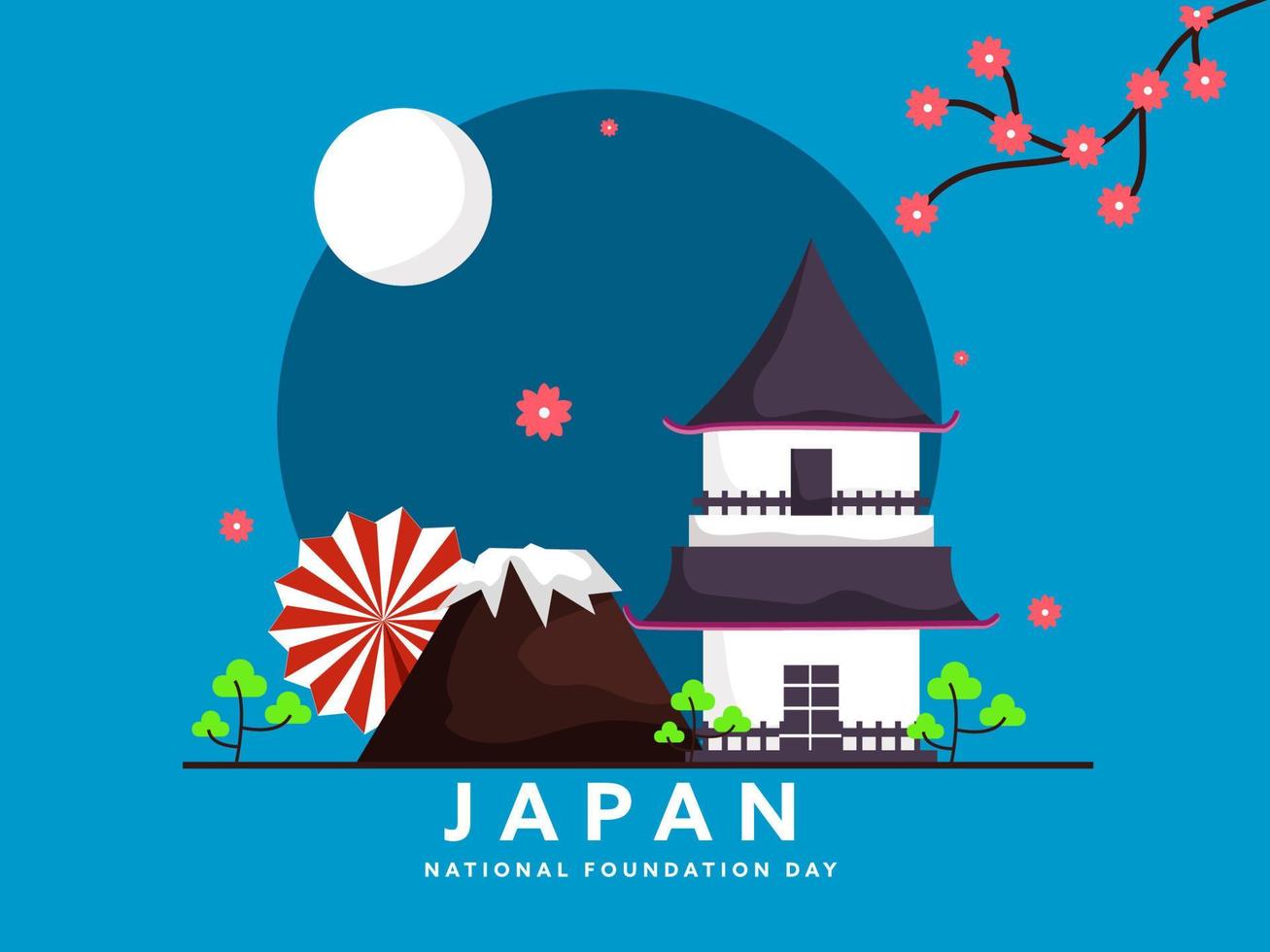 Japan National Foundation Day Concept With Japanese House, Mount Fuji, Trees And Sakura Flower Branch On Full Moon Blue Background. vector