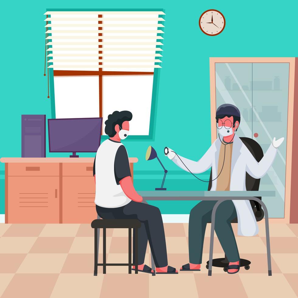 Illustration of Doctor Man Checkup to Patient from Stethoscope at Clinic During Coronavirus Pandemic. vector