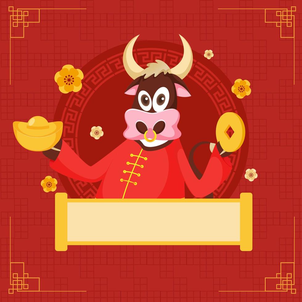 Cartoon Ox Character Holding Ingot With Qing Ming Coin And Empty Scroll Paper Given For Message On Red Background. vector