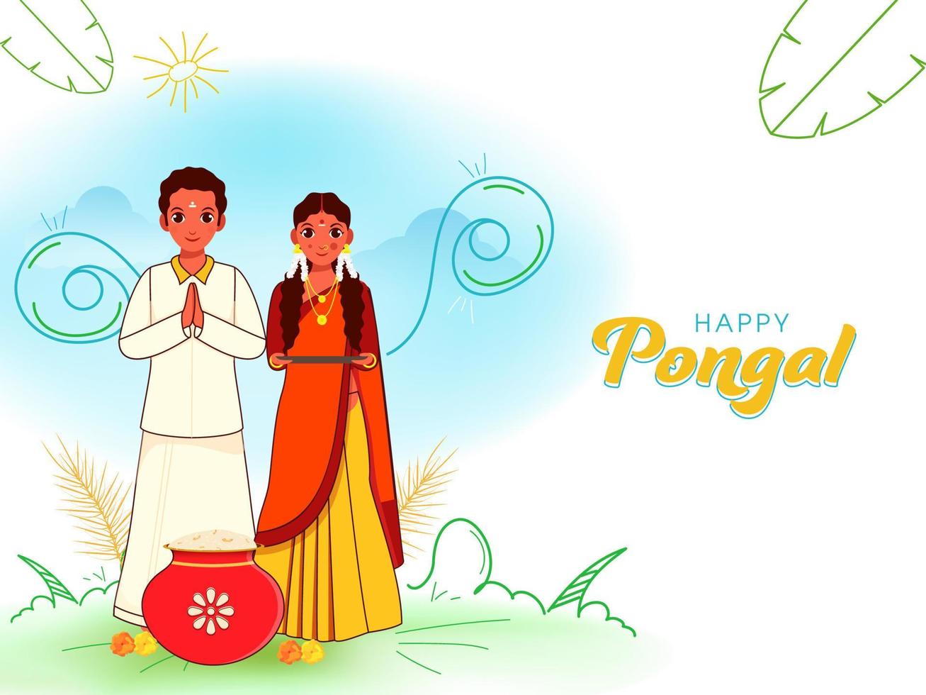 South Indian Couple Character With Traditional Dish Mud Pot On The Occasion Of Happy Pongal Celebration. vector