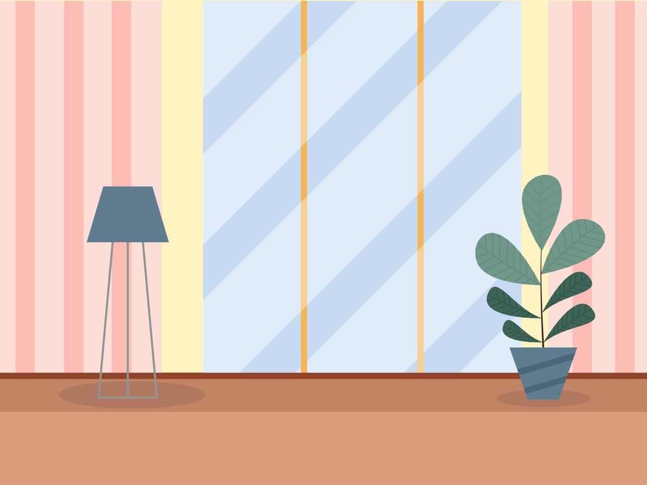 Flat Style Striped Pattern Background with Floor Lamp and Plant Vase. vector
