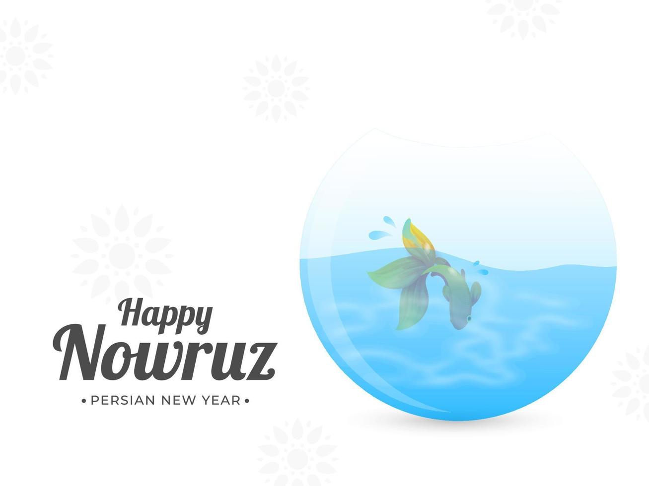 Happy Nowruz, Persian New Year Text with Goldfish Bowl on White Mandala Pattern Background. vector