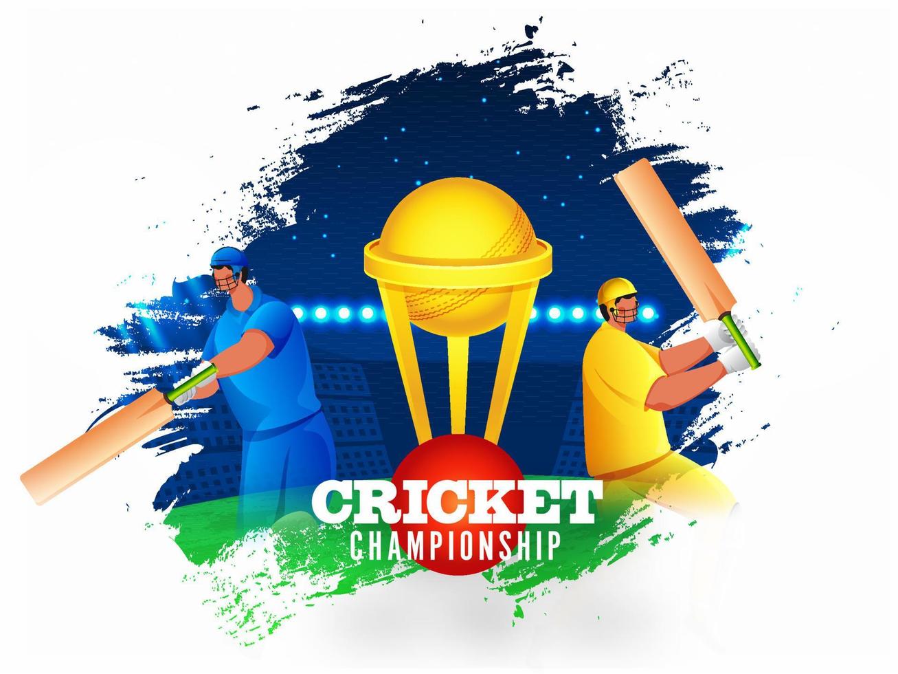 Cricket Championship Concept With Two Batsman Player In Different Attire And Golden Trophy Cup On Stadium View. vector