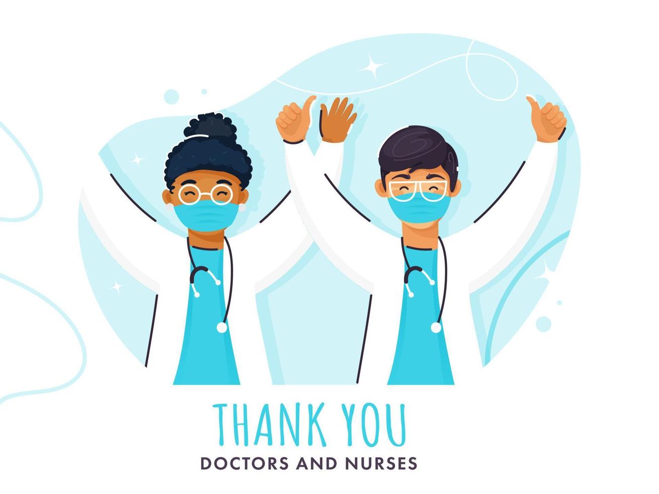 Cheering or Successful Doctors Character and Thank You Text on Abstract Blue Background. vector