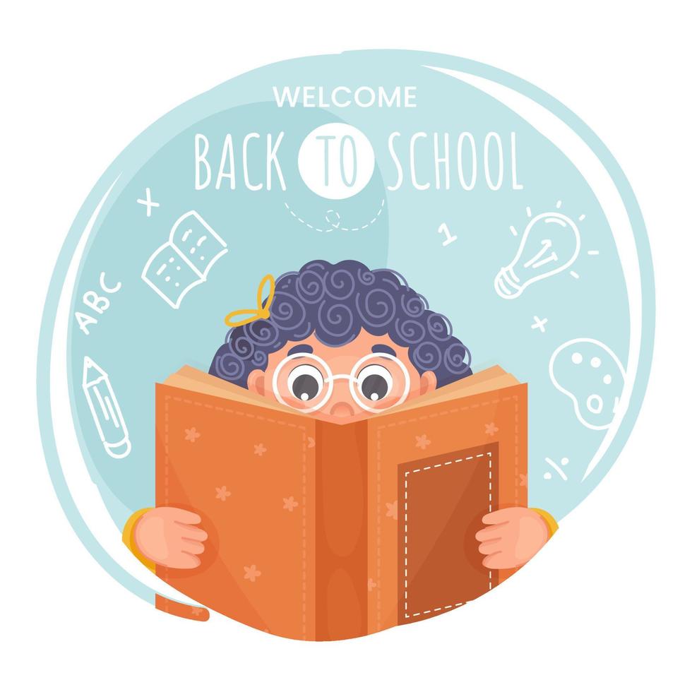 Cute Girl Reading a Book with Supplies Elements on Abstract Blue and White Background for Welcome Back To School Concept. vector