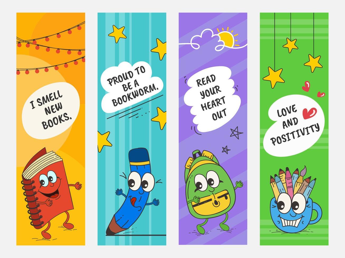 Colorful Bookmark with Cartoon Education Elements and Given Messages. vector