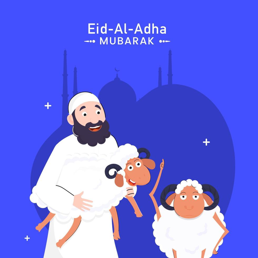 alegre musulmán hombre participación dibujos animados oveja en azul antecedentes para Eid al-Adha mubarak. vector