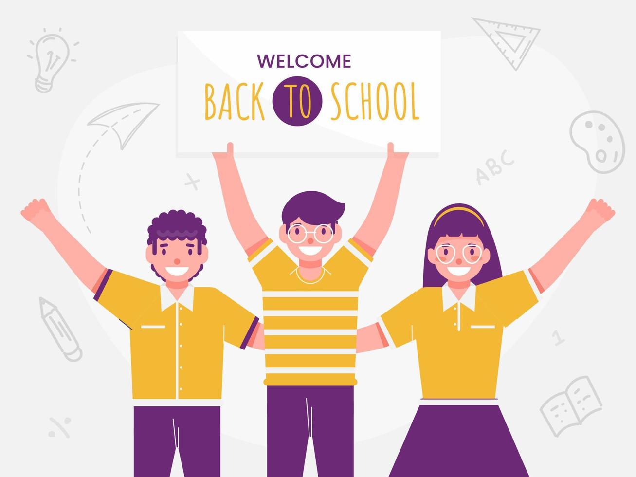 Cheerful Student Boys and Girl Holding Message Board Of Back To School And Education Supplies Elements Decorated White Background. vector